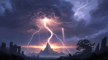 Epic lightning strike illuminates a towering mountain peak under a dramatic stormy sky in a fantasy landscape with ancient ruins.