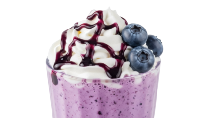 Delicious blueberry smoothie with whipped cream and syrup isolated PNG, refreshing summer drink on transparent background for menu design