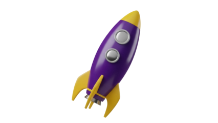 Purple and yellow rocket ship PNG isolated on transparent background, retro space toy for kids and science fiction themes