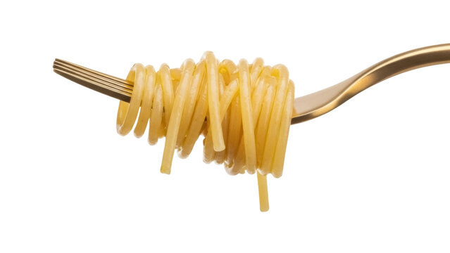 Golden fork with twirled spaghetti isolated PNG, delicious pasta on transparent background, Italian cuisine for restaurant menu and food design