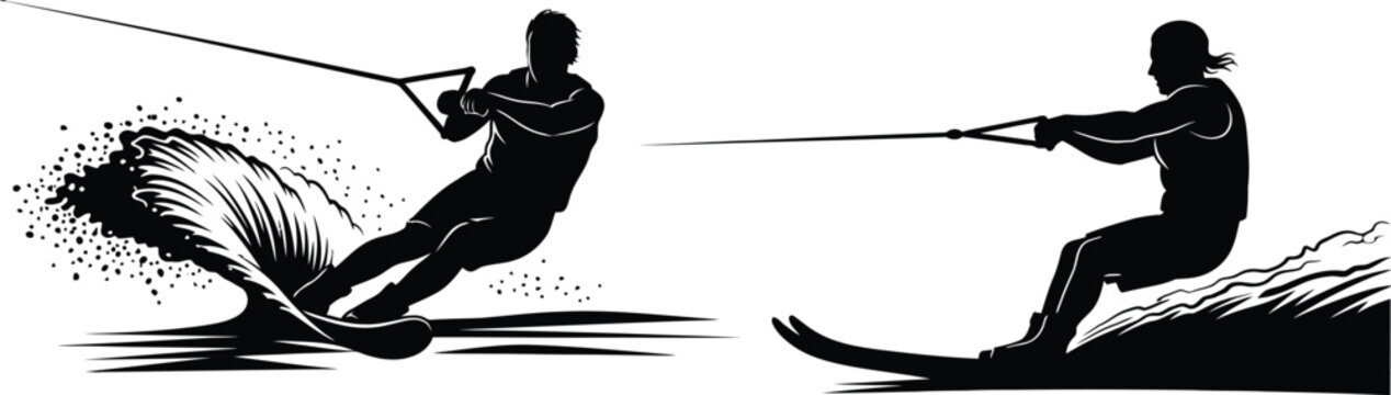 Waterskiing action with boat and spray a dynamic black silhouette on transparent background