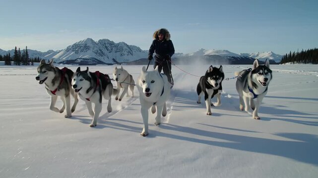 Man dogsledding in winter landscape over snow with mountain background, husky dog team pulling sledge outdoor