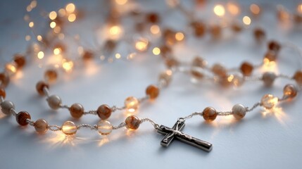 Catholic Rosary Beads with Cross and Warm Fairy Lights on White Background