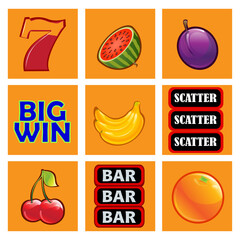 Slot Machine Icon vector illustration. Casino and gambling icon set. Lucky sevens jackpot.