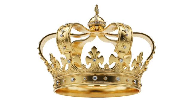 Ornate golden crown with jewels isolated PNG on transparent background, royal symbol for luxury and power