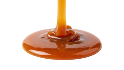 Delicious caramel sauce pouring isolated PNG on transparent background, sweet dessert topping for confectionery and food design projects