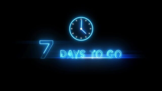 7 Days to go animation. Timer clock icon.  Neon counting days. Neon countdown timer.