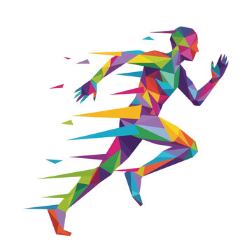 Animated geometric depiction of a sprinter in dynamic motion with a colorful polygonal design