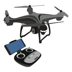 Remote controlled camera drone with controller flat vector illustration