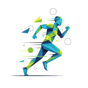 Abstract low-poly running athlete in dynamic motion with vibrant color palette emphasizing energy