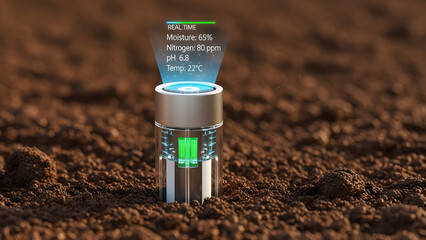 Smart soil sensor device displaying real-time moisture, nitrogen, pH and temperature data