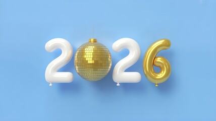 New Year 2026 Celebration Balloons with Metallic Gold Disco Ball on Blue Background Festive Design Elements for Party Invitations and Holiday Graphics