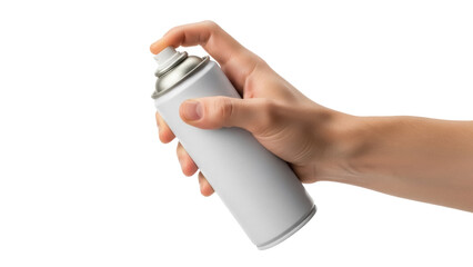 Hand holding a white spray can isolated PNG, aerosol container for painting and graffiti on transparent background