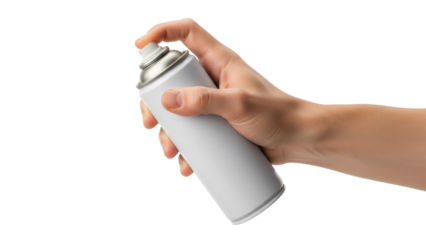 Hand holding a white spray can isolated PNG, aerosol container for painting and graffiti on transparent background