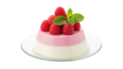 Delicious panna cotta with raspberries and mint PNG isolated on transparent background, creamy dessert for restaurant menu