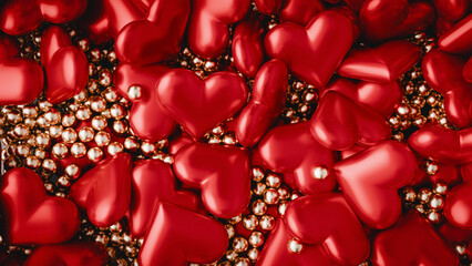 Red hearts gold pearls background valentine day backgrounds.3d rendering