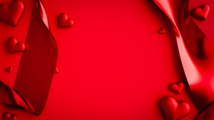 Red satin ribbon frame hearts valentine background copy space. 3d rendering