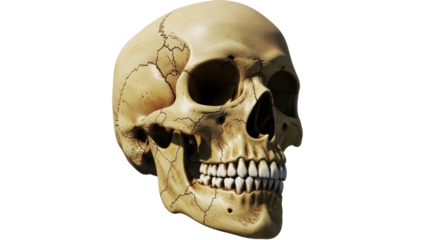 Human skull isolated PNG on transparent background, anatomical model with detailed bone structure for medical and educational use