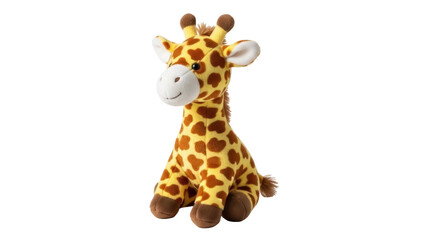 Cute giraffe plush toy isolated PNG, stuffed animal with brown spots on transparent background for kids and decoration © Sophie