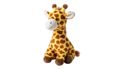 Cute giraffe plush toy isolated PNG, stuffed animal with brown spots on transparent background for kids and decoration