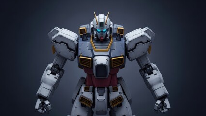 Powerful robotic warrior standing in a dramatic pose, a detailed 3D render of a futuristic mech with glowing blue eyes and advanced armor