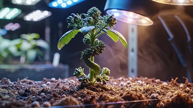 Young cannabis seedling growing under bright LED lights
