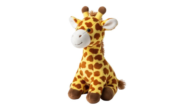 Cute giraffe plush toy isolated PNG, stuffed animal with brown spots on transparent background for kids and decoration - Powered by Adobe