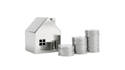 Silver house model and stacks of coins isolated PNG, real estate investment and property value growth concept on transparent background