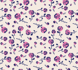 Pixel art seamless rose pattern with pink flowers, retro 8-bit style creates romantic, cute and nostalgic mood, game background, UI textures, wallpapers, fabrics and decorative designs.