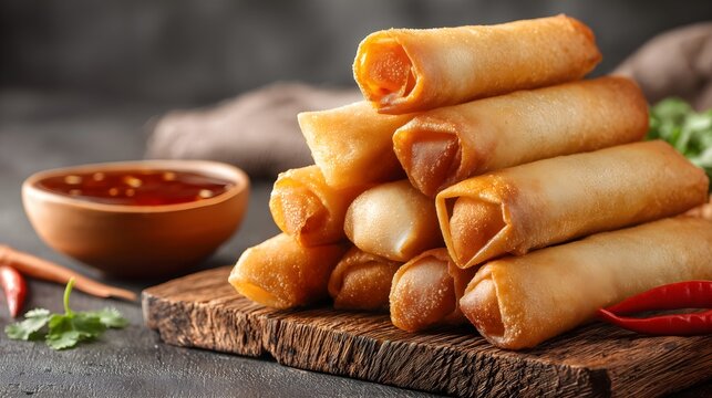 Crispy spring rolls served with dipping