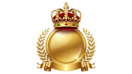 Golden royal medal with crown and laurel wreath isolated PNG, award emblem for championship and...