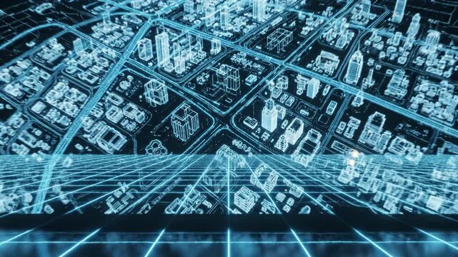 Futuristic city grid neon cityscape digital map aerial wireframe architecture skyline holographic display 3d visualization blue glow cyber landscape virtual interface data network technological