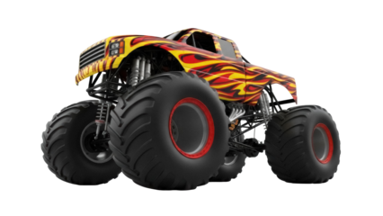 Monster truck with flame design isolated PNG, powerful off-road vehicle for extreme sports and automotive enthusiasts on transparent background