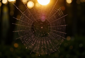 Dew-Kissed Spider Web Glistening in Warm Golden Sunrise Glow Amidst Tranquil Forest Setting Highlighting Natural Beauty and Intricate Web Design