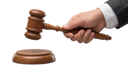 Male Hand Holding Wooden Gavel Over Sound Block isolated PNG with Transparent Background