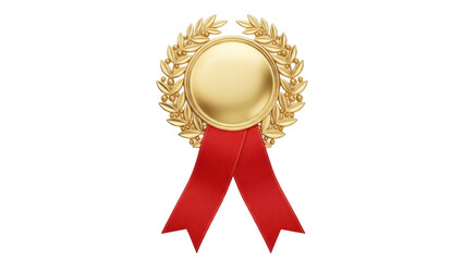 Golden award medal with red ribbon isolated PNG, achievement and success symbol for graphic design...