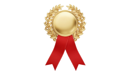 Golden award medal with red ribbon isolated PNG, achievement and success symbol for graphic design and web projects