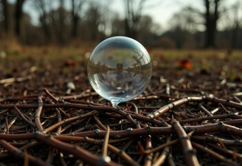 Transparent Glass Sphere Balancing on Twigs in Serene Natural Forest Setting with Reflections of Trees