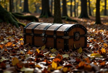 Wooden Treasure Chest Surrounded by Autumn Leaves in a Sunlit Forest, Evoking Mystery and Adventure in a Nature Setting