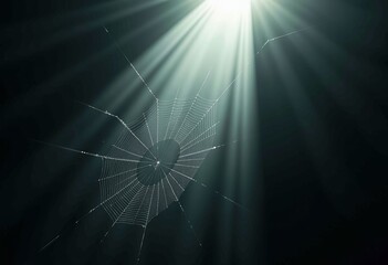 Intricate Spiderweb Illuminated by Soft Sunlight in a Dark Forest Creating a Mystical and Ethereal Atmosphere with Light Beams