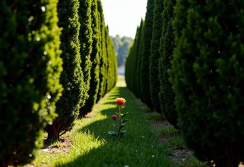 Lone Vibrant Wildflower Standing Proudly Amidst a Well-Aligned Path of Green Coniferous Trees in a Sunlit Tranquil Garden Setting