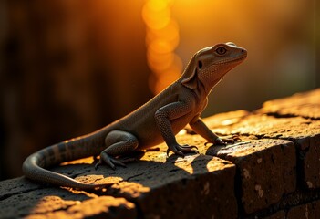 Silhouetted Reptile Basking on Sunlit Brick Wall During Glorious Golden Sunset Evoking Warmth and Natural Habitat of Lizard in Outdoor Environment