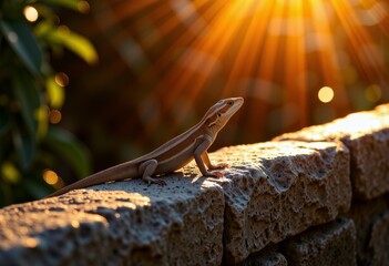 Lizard Basking in the Golden Glow of Sunlight on a Rustic Stone Wall in a Natural Outdoor Environment Capturing the Beauty of Wildlife in Sunbeams