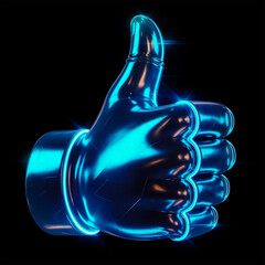 thumbs up 3d metallic blue chrome icon with neon cyan glow on black background