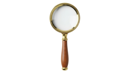 Magnifying glass PNG isolated on transparent background, classic golden rimmed magnifier with wooden handle for inspection and search