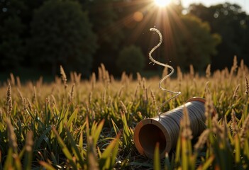 Spiral Curling Metal Wire in Lush Sunlit Field of Tall Grasses under Golden Hour Skies Capturing the Essence of Nature's Interplay with Human Creativity