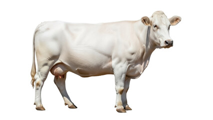 Cream-colored Charolais cow isolated PNG on transparent background, domestic animal for farming and agriculture concepts