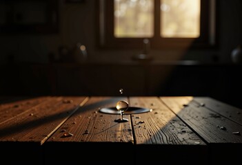 Captivating Close-up of a Water Droplet in Mid-Splash Illuminated by Sunlight on a Wooden Surface in a Dimly Lit Room Creating a Dramatic Ambiance
