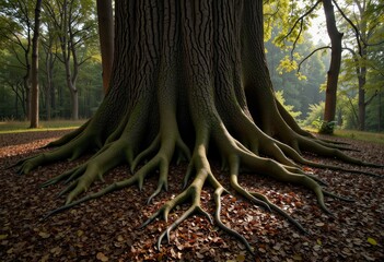 Majestic Tree Trunk with Extensive Root System Spreading Over Fallen Leaves in a Serene Forest Bathed in Gentle Sunlight During an Early Morning