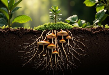Intricate Network of Mushroom Mycelium and Roots in Cross-Sectional Soil View Amidst Lush Greenery Illuminated by Soft Sunlight